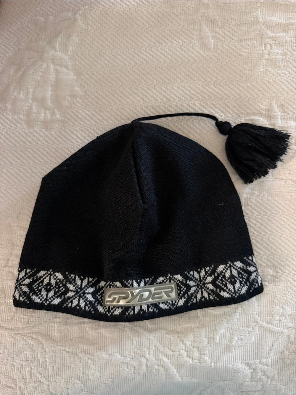 Spyder Black White Nordic Fleece Lined Tassel Beanie